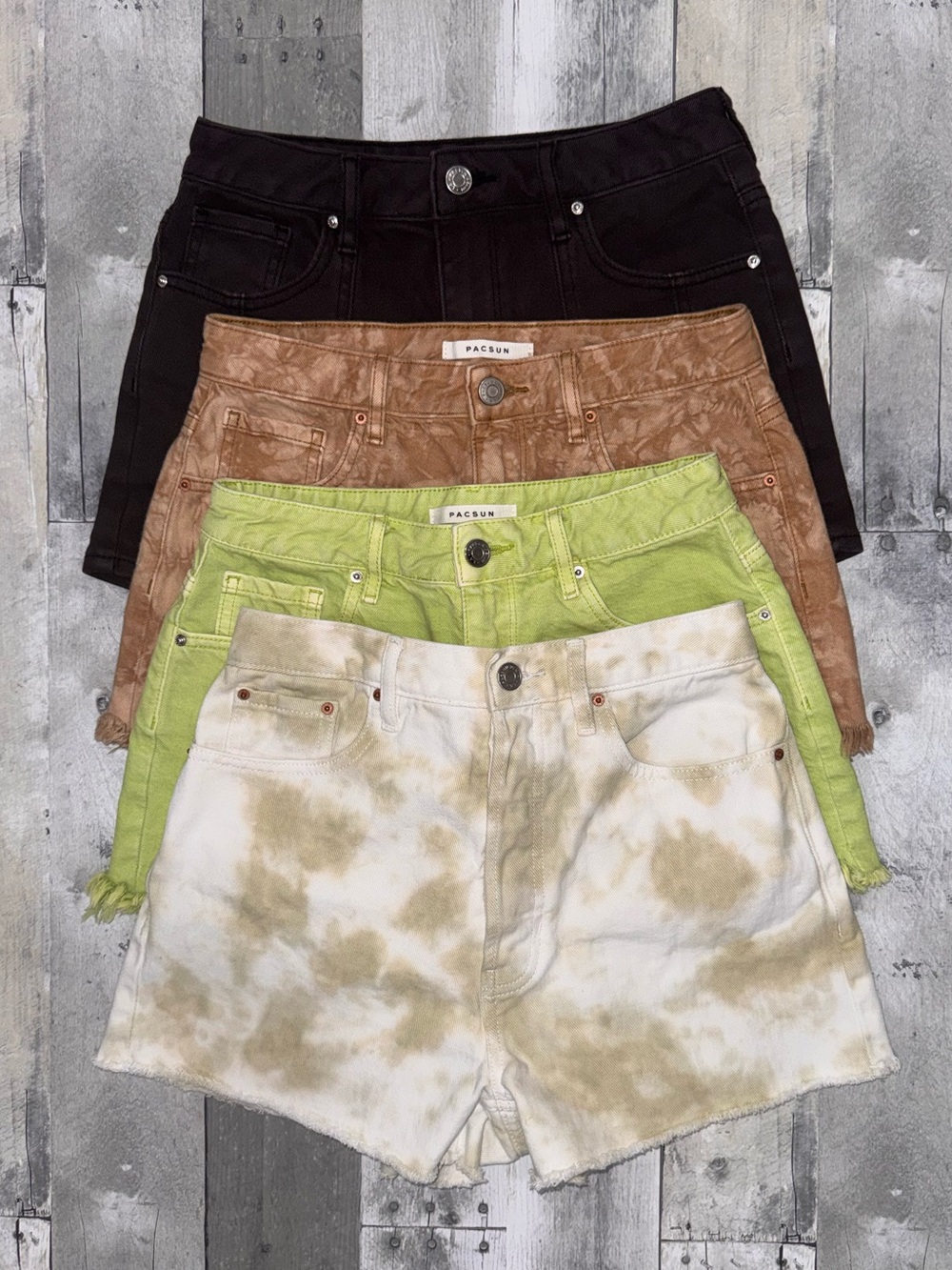 PacSun Women's Denim Shorts Lot - Black, Brown, Lime, Tie-Dye Cream Sz. 26